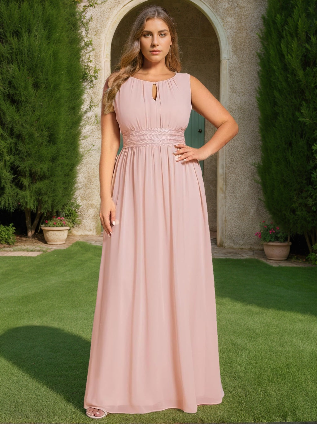 Sleeveless Plus Size Floor-Length A-Line Princess Scoop Bridesmaid Dress
