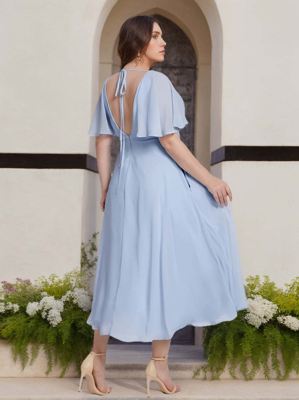 Plus Size Tea-Length Bridesmaid Dresses with Ruffles in A-Line/Princess V-Neck Short Sleeves
