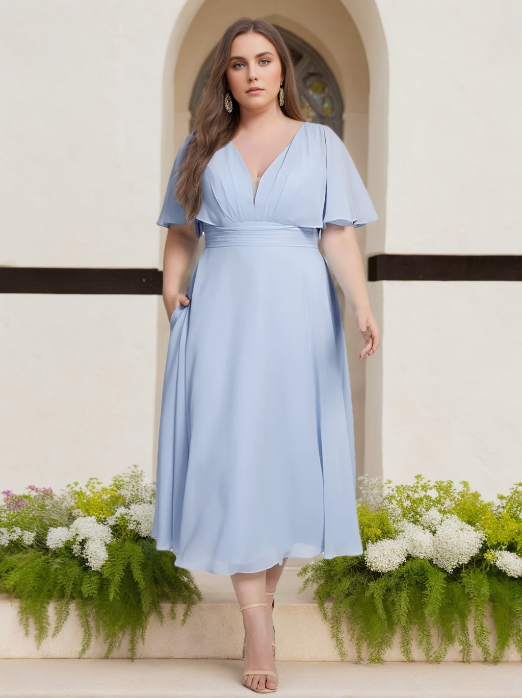 Plus Size Tea-Length Bridesmaid Dresses with Ruffles in A-Line/Princess V-Neck Short Sleeves
