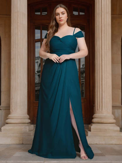 Sweetheart Spaghetti Strap A-Line Princess Floor-Length Plus Size Bridesmaid Dress with Side Split