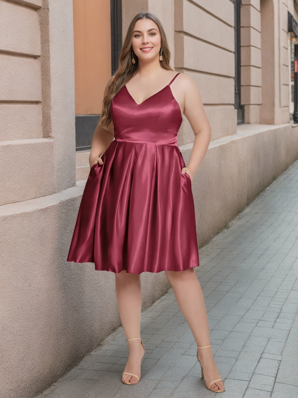 Princess A-Line Spaghetti Strap V-Neck Sleeveless Knee-Length Plus Size Bridesmaid Dress