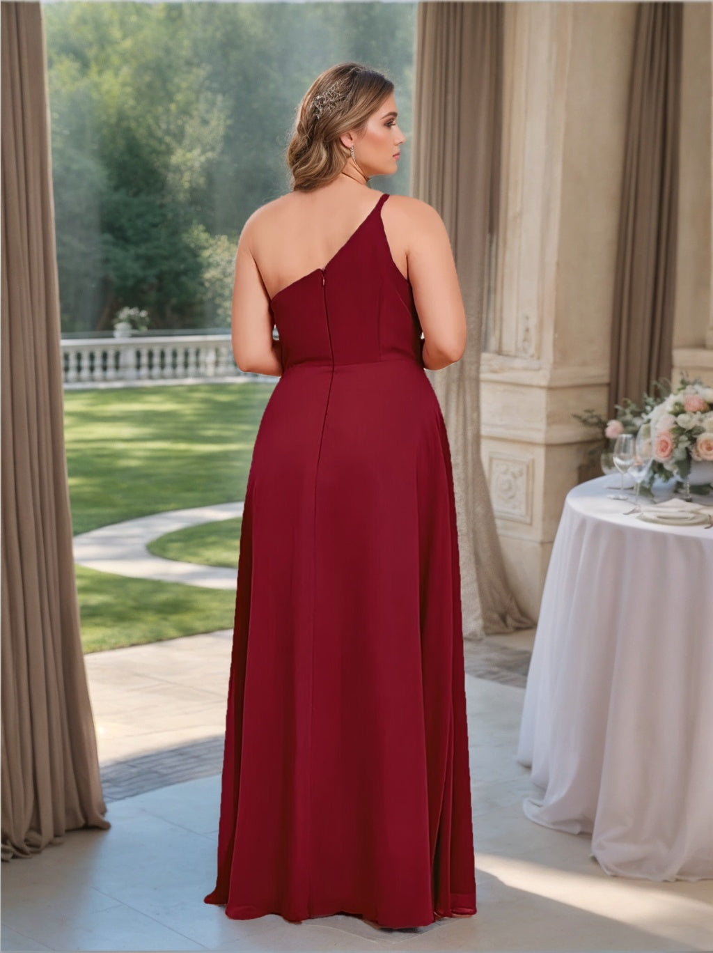 One-Shoulder Sleeveless A-Line Princess Floor-Length Chiffon Plus Size Bridesmaid Dress With Side Split-BMbridal.UK