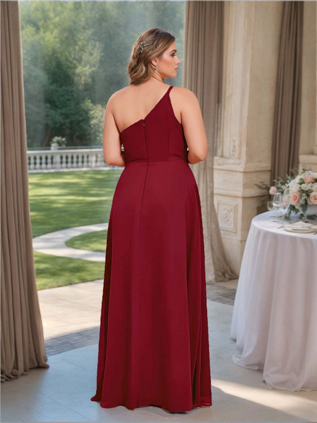 One-Shoulder Sleeveless A-Line Princess Floor-Length Chiffon Plus Size Bridesmaid Dress With Side Split-BMbridal.UK