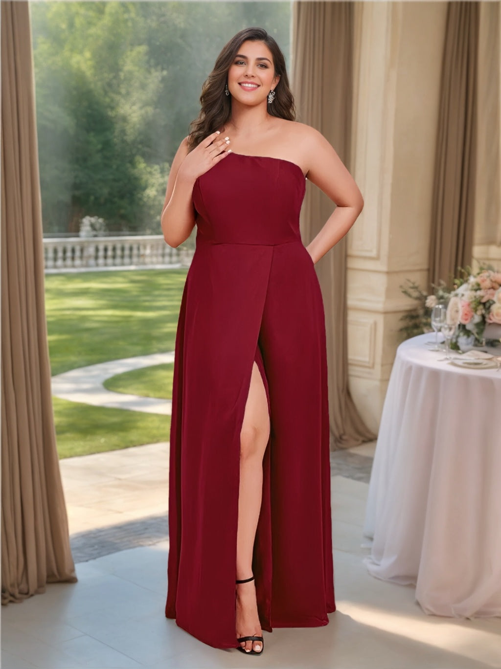 One-Shoulder Sleeveless A-Line Princess Floor-Length Chiffon Plus Size Bridesmaid Dress With Side Split-BMbridal.UK