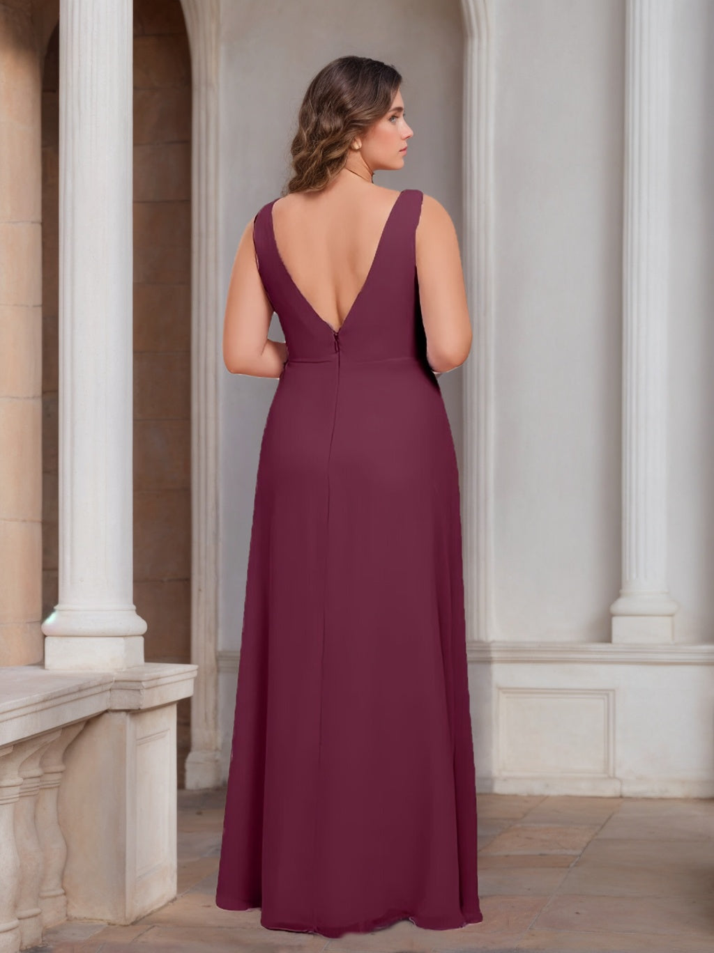 Plus Size Chiffon Bridesmaid Dress with V-Neck, Ruffles, and Side Split in A-Line/Princess Style