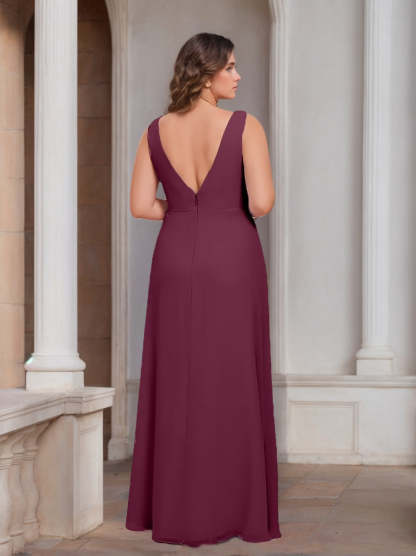 Plus Size Chiffon Bridesmaid Dress with V-Neck, Ruffles, and Side Split in A-Line/Princess Style