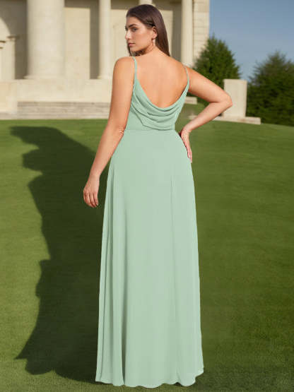 Plus Size Chiffon Bridesmaid Dress with Ruffles – V-Neck, Spaghetti Straps, and Floor-Length
