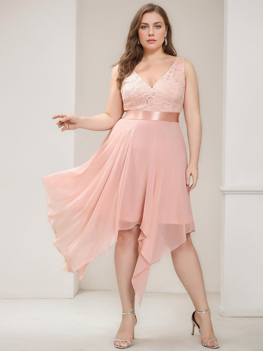 V-Neck Sleeveless A-Line Princess Plus Size Bridesmaid Dress with Asymmetrical Lace and Appliques