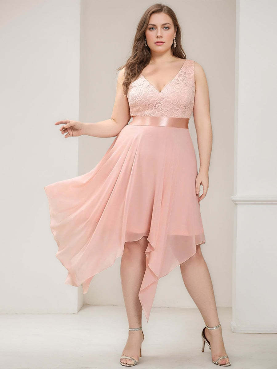 V-Neck Sleeveless A-Line Princess Plus Size Bridesmaid Dress with Asymmetrical Lace and Appliques