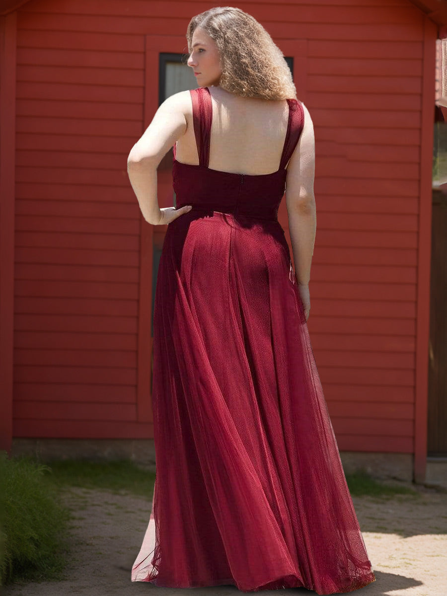 Princess A-Line Floor-Length Plus Size Bridesmaid Dress with Deep V-Neck and Lace