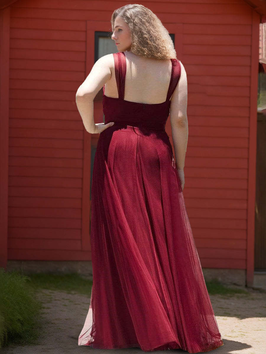 Princess A-Line Floor-Length Plus Size Bridesmaid Dress with Deep V-Neck and Lace