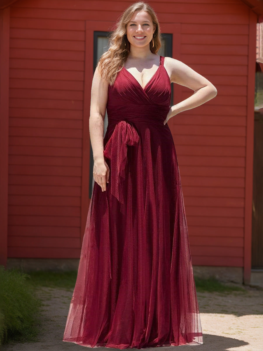 Princess A-Line Floor-Length Plus Size Bridesmaid Dress with Deep V-Neck and Lace