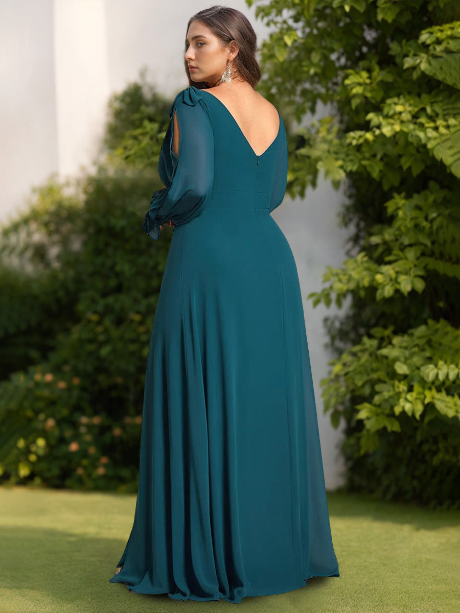 Plus Size Floor-Length A-Line Bridesmaid Dress with Deep V-Neck and Side Split