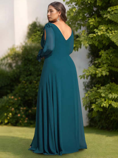 Plus Size Floor-Length A-Line Bridesmaid Dress with Deep V-Neck and Side Split