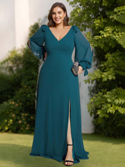 Plus Size Floor-Length A-Line Bridesmaid Dress with Deep V-Neck and Side Split