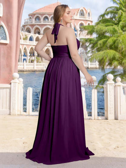 Plus Size Floor-Length Halter V-Neck A-Line Bridesmaid Dress with Side Split and Ruffles