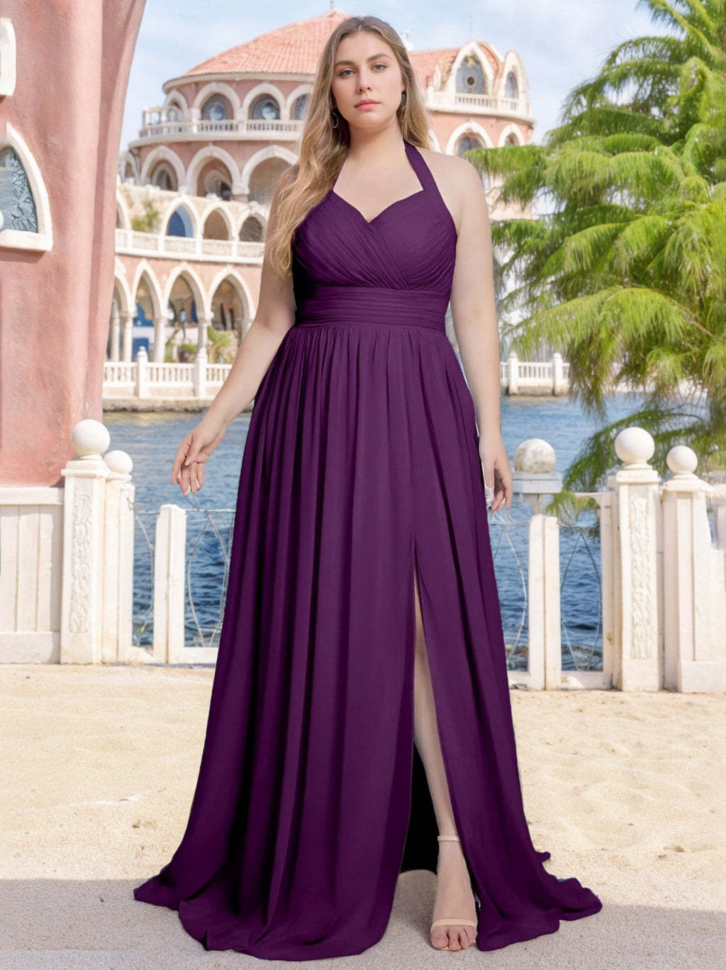 Plus Size Floor-Length Halter V-Neck A-Line Bridesmaid Dress with Side Split and Ruffles