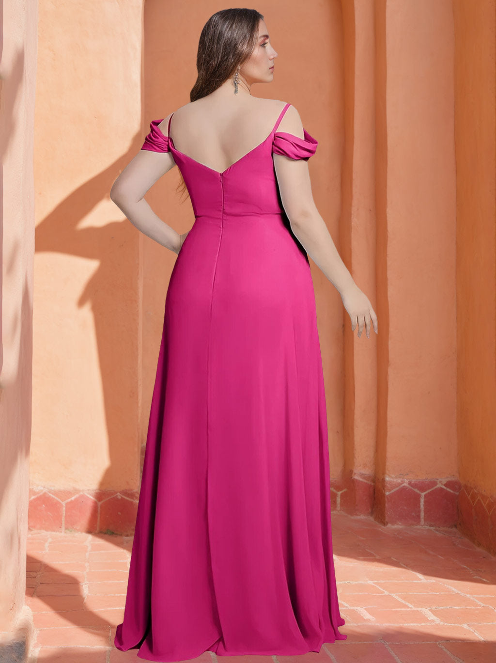 Princess A-Line Spaghetti Strap V-Neck Sleeveless Plus Size Floor-Length Chiffon Bridesmaid Dress with Side Split