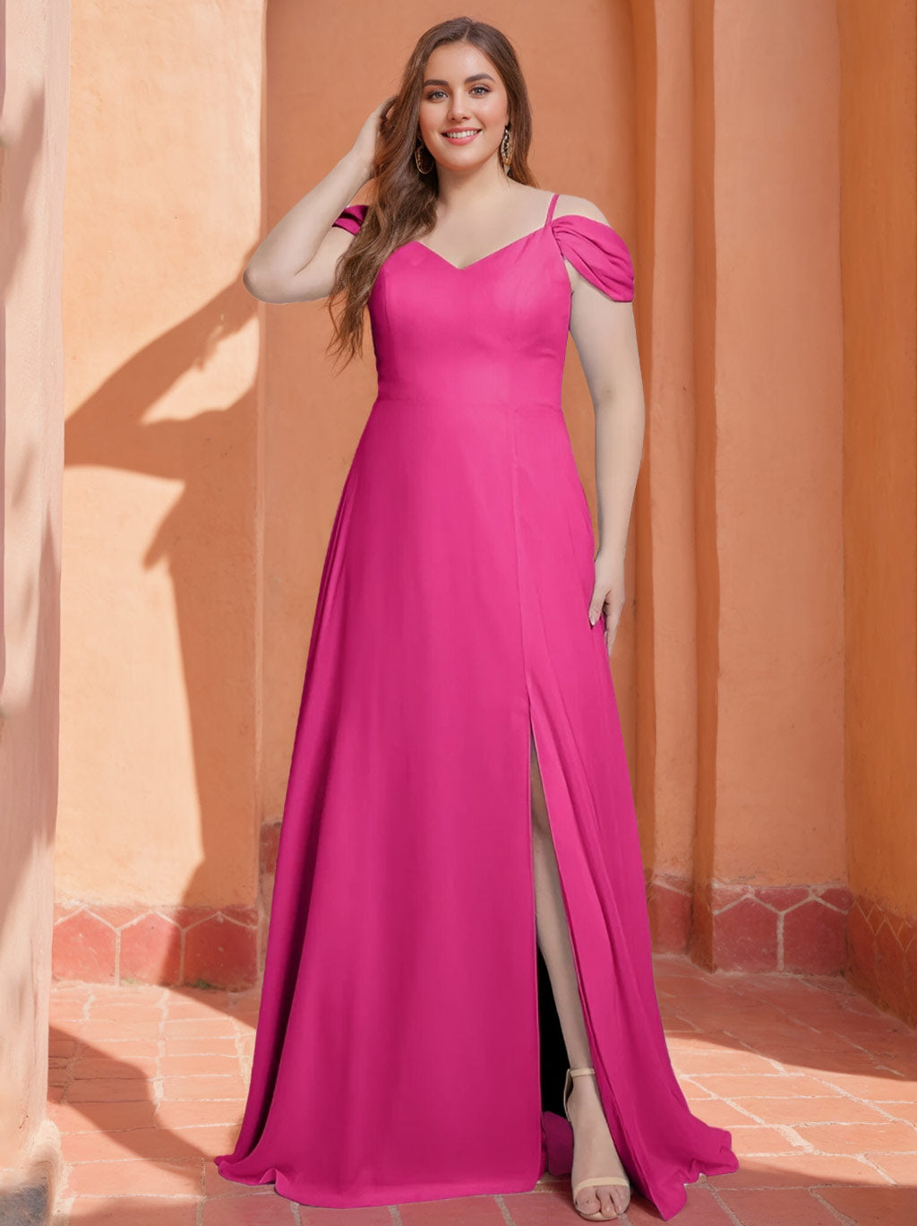 Princess A-Line Spaghetti Strap V-Neck Sleeveless Plus Size Floor-Length Chiffon Bridesmaid Dress with Side Split-BMbridal.UK