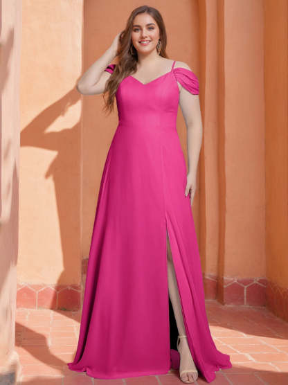 Princess A-Line Spaghetti Strap V-Neck Sleeveless Plus Size Floor-Length Chiffon Bridesmaid Dress with Side Split-BMbridal.UK