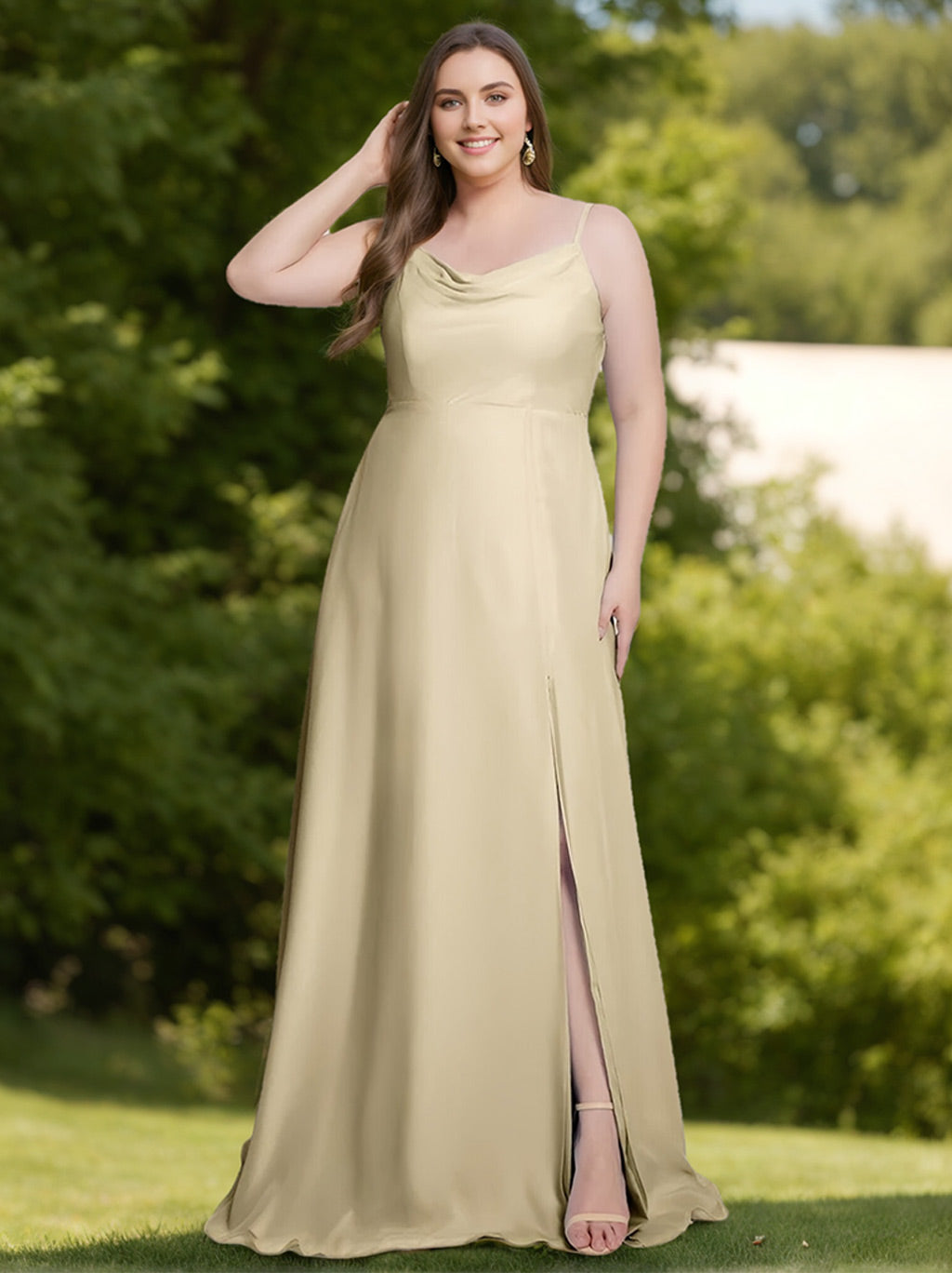 Unique Plus Size Spaghetti Strap A-Line Bridesmaid Dress with Side Split and Floor-Length Design