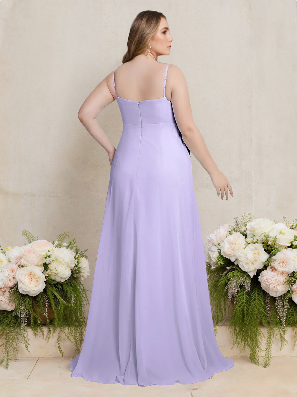 Princess A-Line Floor-Length Plus Size Bridesmaid Dress with Deep V-Neck and Spaghetti Straps