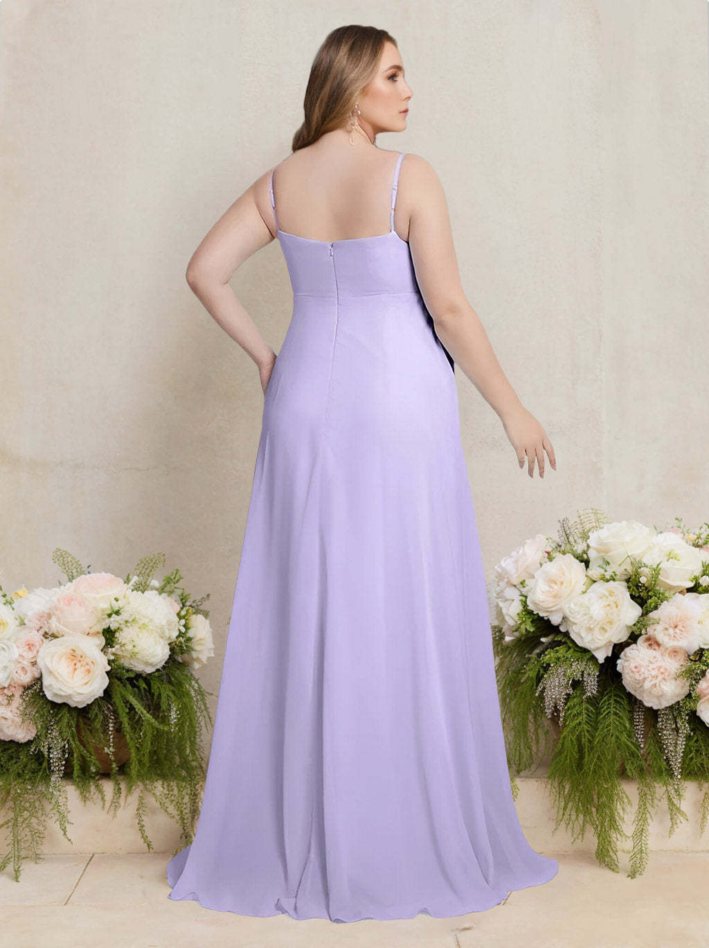 Princess A-Line Floor-Length Plus Size Bridesmaid Dress with Deep V-Neck and Spaghetti Straps