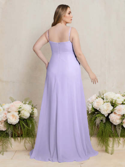 Princess A-Line Floor-Length Plus Size Bridesmaid Dress with Deep V-Neck and Spaghetti Straps
