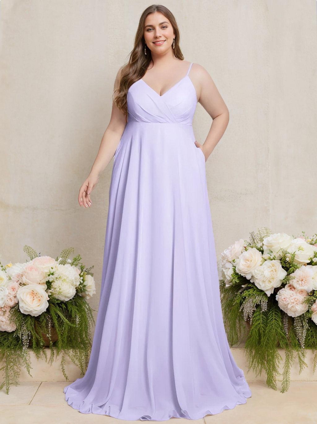 Princess A-Line Floor-Length Plus Size Bridesmaid Dress with Deep V-Neck and Spaghetti Straps