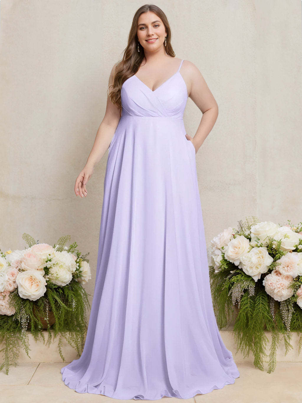 Princess A-Line Floor-Length Plus Size Bridesmaid Dress with Deep V-Neck and Spaghetti Straps