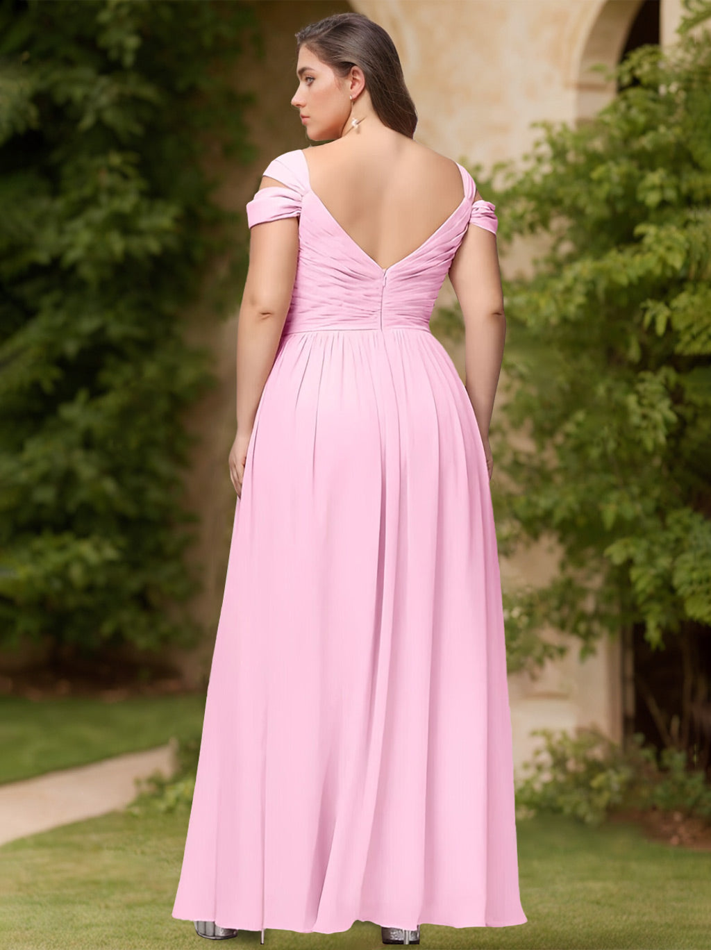 Plus Size Floor-Length A-Line Bridesmaid Dresses with Deep V-Neck and Ruffles