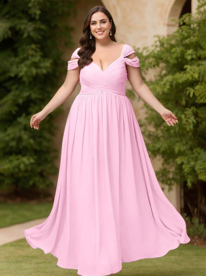 Plus Size Floor-Length A-Line Bridesmaid Dresses with Deep V-Neck and Ruffles