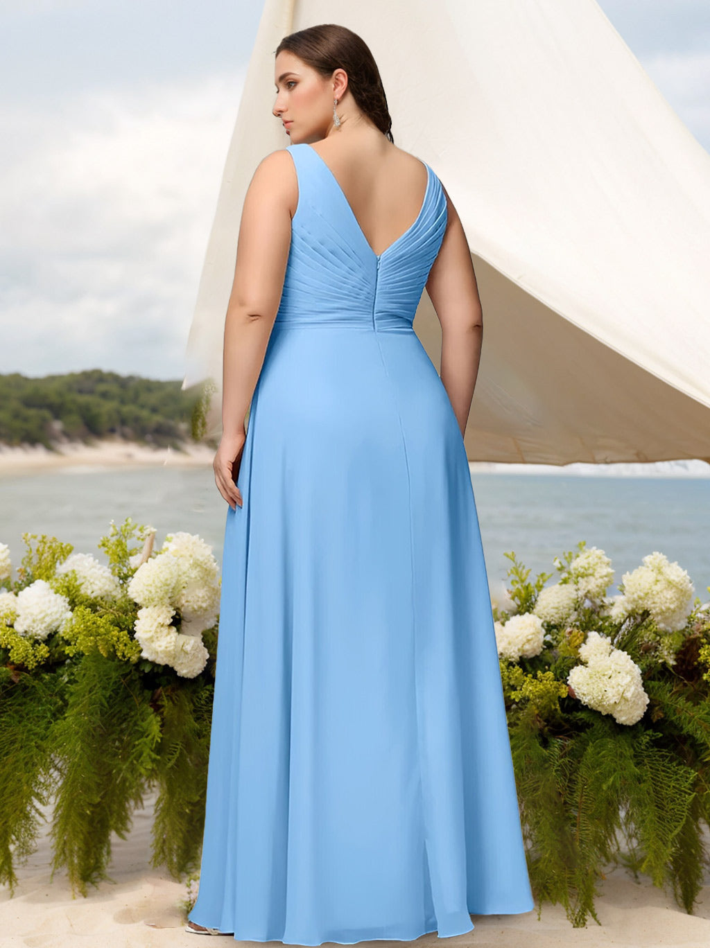 Princess A-Line Floor-Length Chiffon Plus Size Bridesmaid Dress with Deep V-Neck and Ruffles