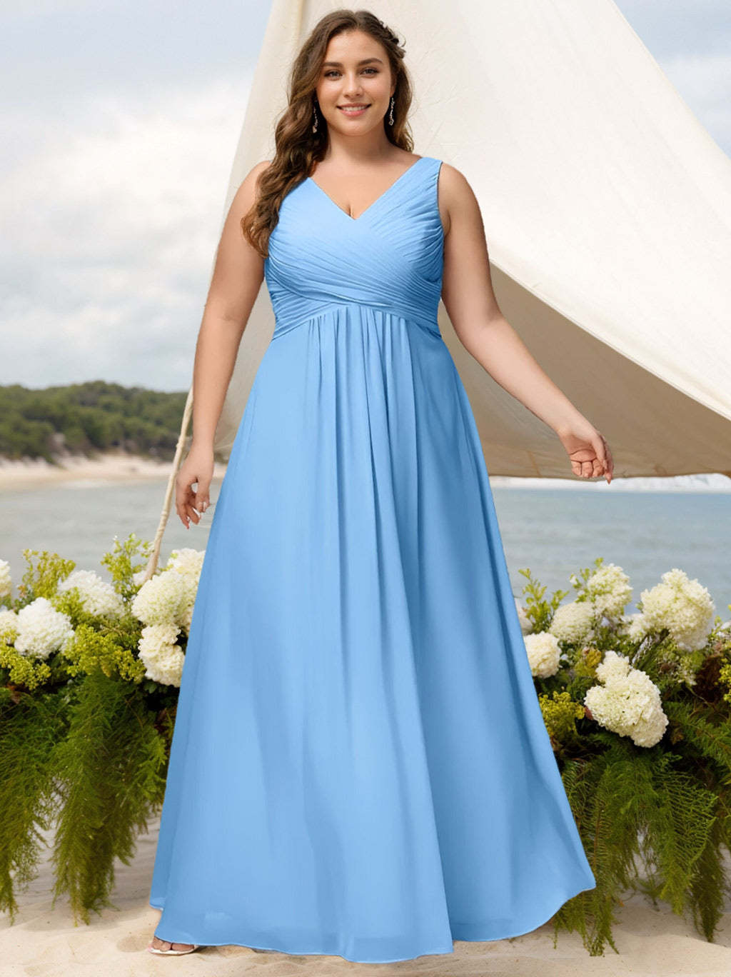Princess A-Line Floor-Length Chiffon Plus Size Bridesmaid Dress with Deep V-Neck and Ruffles