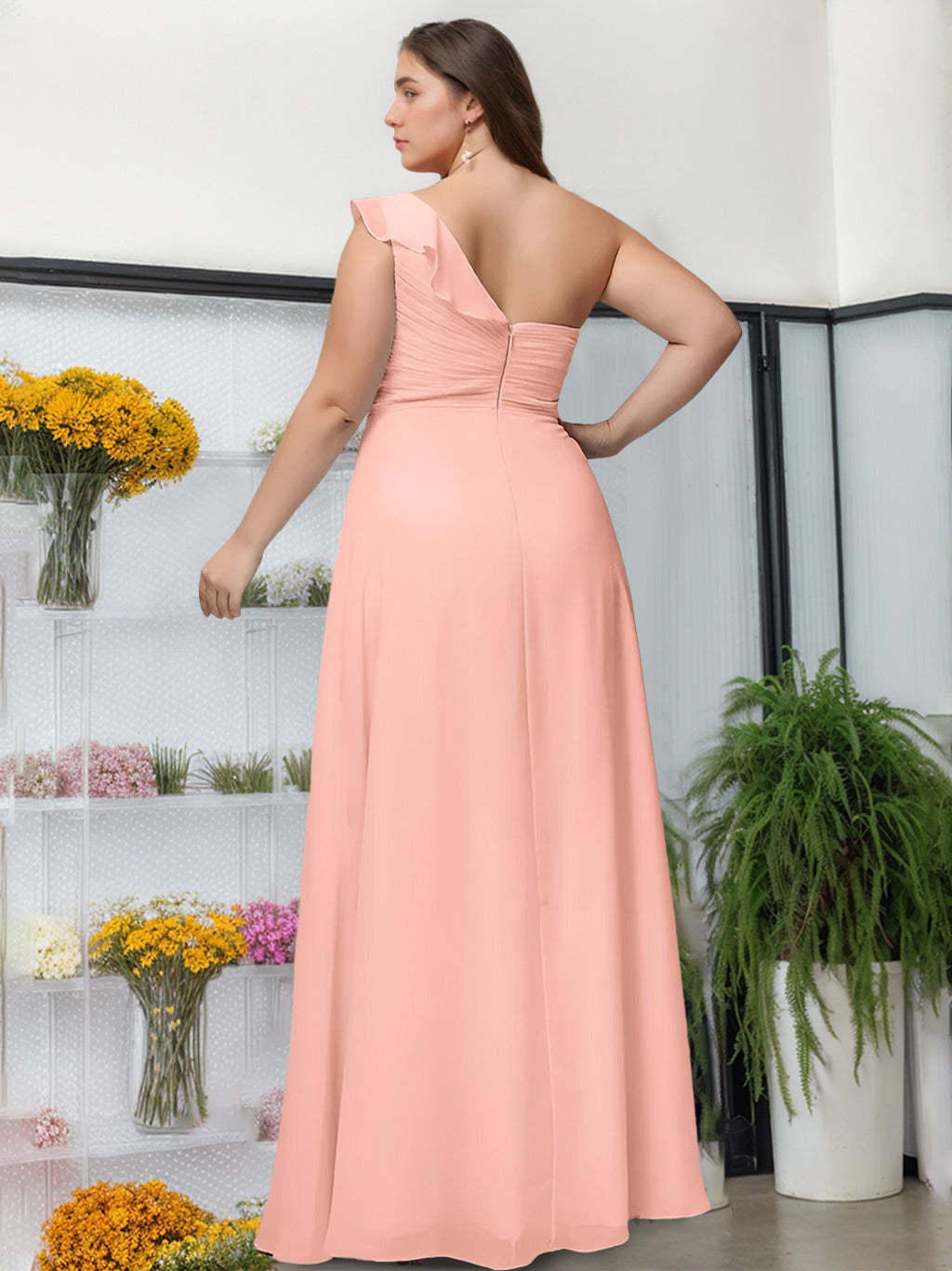 Unique Plus Size One-Shoulder Ruffled Bridesmaid Dress in A-Line/Princess Floor-Length Silhouette
