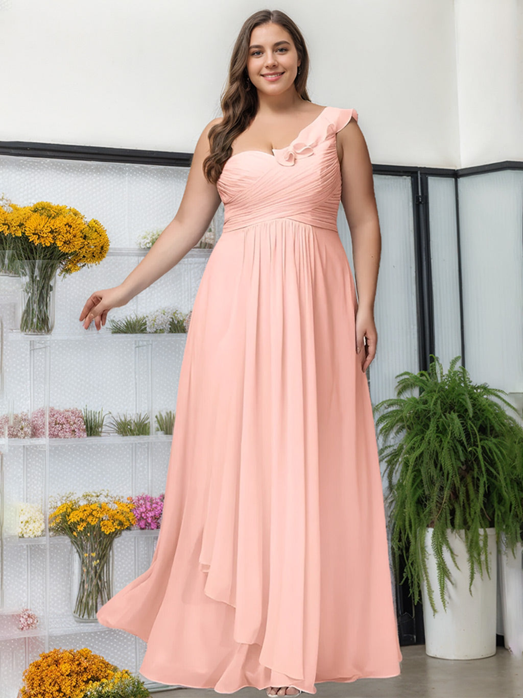 Unique Plus Size One-Shoulder Ruffled Bridesmaid Dress in A-Line/Princess Floor-Length Silhouette