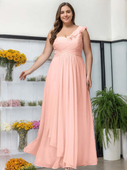 Unique Plus Size One-Shoulder Ruffled Bridesmaid Dress in A-Line/Princess Floor-Length Silhouette