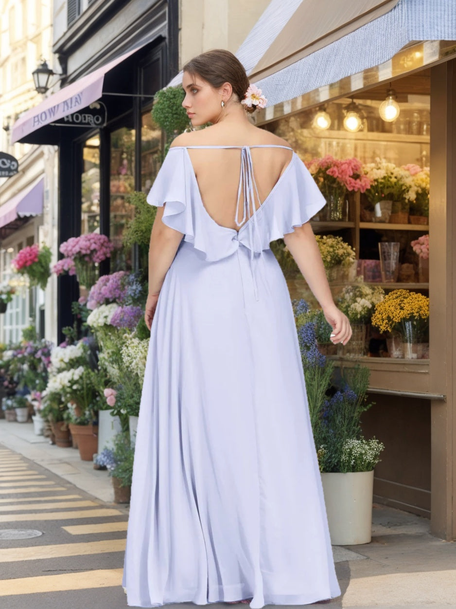 Plus Size Floor-Length A-Line Bridesmaid Dress with V-Neck and Ruffled Short Sleeves