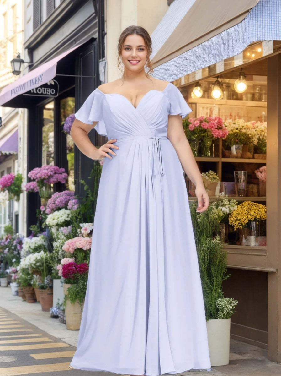 Plus Size Floor-Length A-Line Bridesmaid Dress with V-Neck and Ruffled Short Sleeves