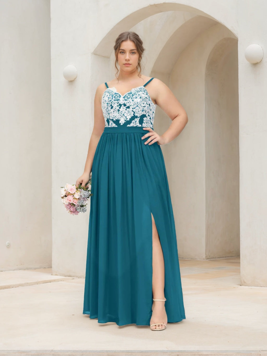 Plus Size Floor-Length Bridesmaid Dress with Spaghetti Straps, V-Neck, and Side Split