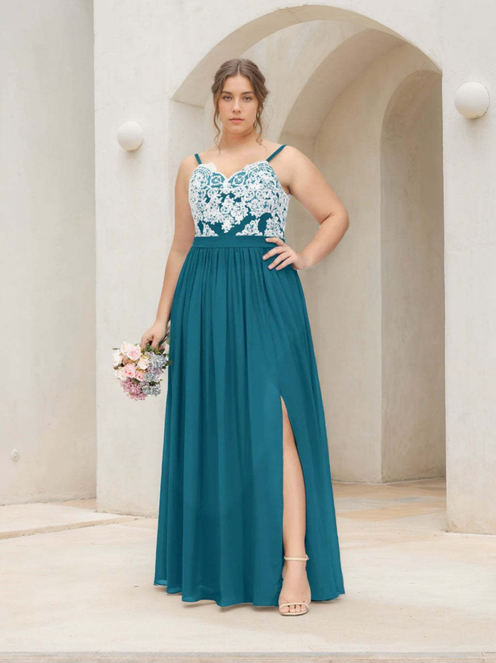 Plus Size Floor-Length Bridesmaid Dress with Spaghetti Straps, V-Neck, and Side Split