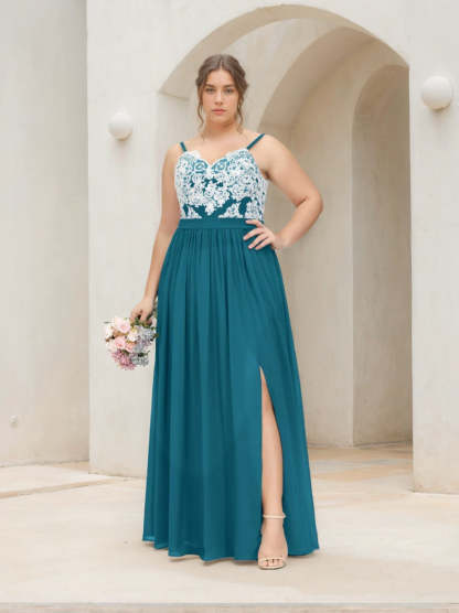Plus Size Floor-Length Bridesmaid Dress with Spaghetti Straps, V-Neck, and Side Split
