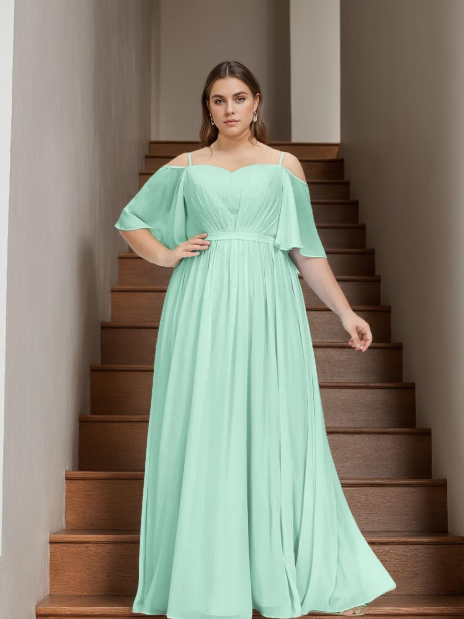 Plus Size Bridesmaid Dresses with Spaghetti Straps, Short Sleeves, and Floor-Length A-Line/Princess Silhouette-BMbridal.UK