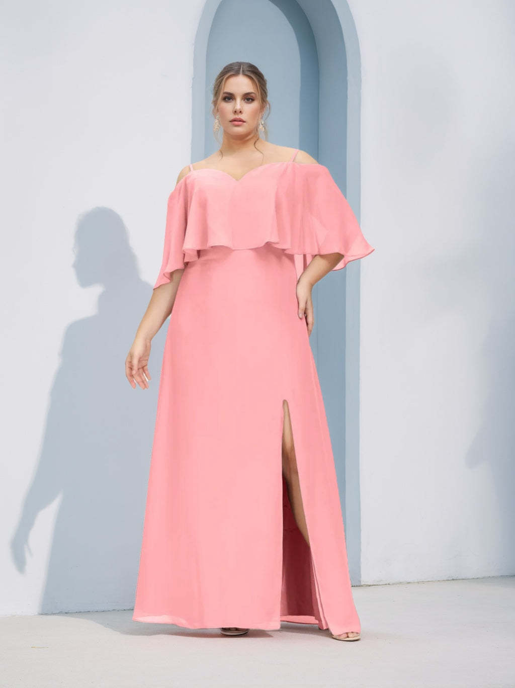 Plus Size Floor-Length A-Line Bridesmaid Dresses with Spaghetti Straps, Half Sleeves, and Side Split