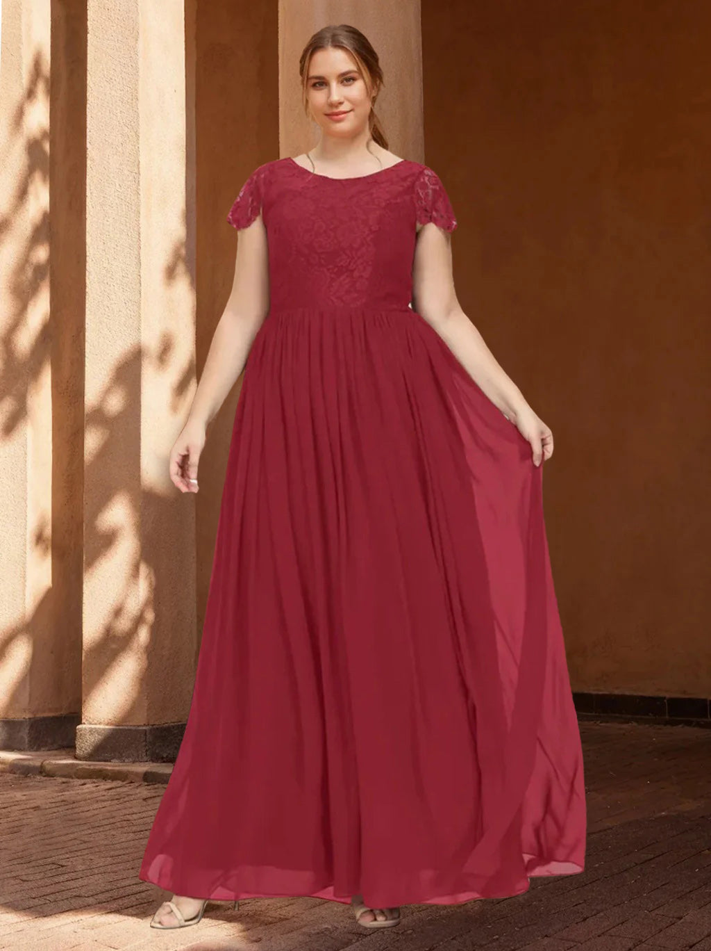 Plus Size Floor-Length A-Line Bridesmaid Dress with Scoop Neck and Embroidered Details