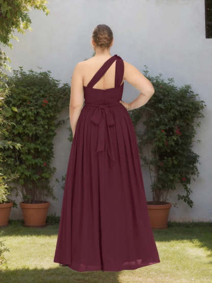 Plus Size One-Shoulder Ruffled Chiffon Bridesmaid Dress in A-Line/Princess Floor-Length Style