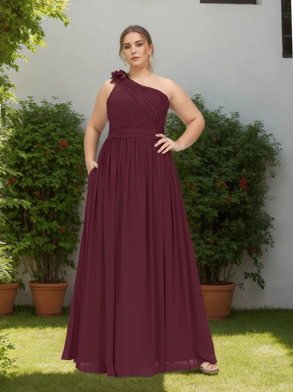 Plus Size One-Shoulder Ruffled Chiffon Bridesmaid Dress in A-Line/Princess Floor-Length Style