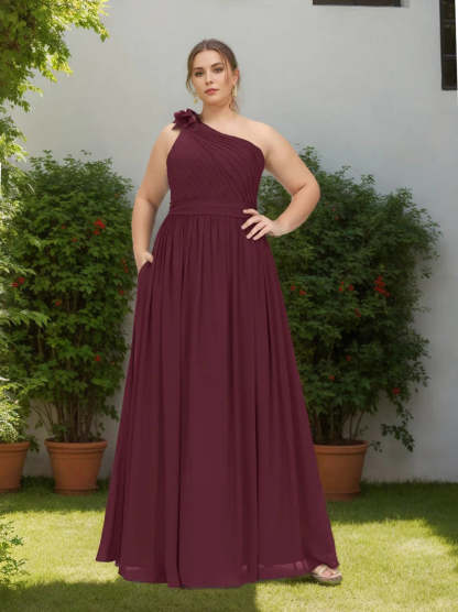 Plus Size One-Shoulder Ruffled Chiffon Bridesmaid Dress in A-Line/Princess Floor-Length Style