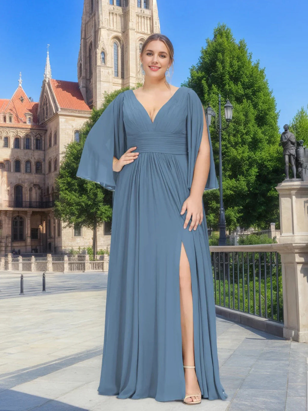 Princess A-Line Floor-Length Plus Size Bridesmaid Dress with Deep V-Neck, Long Sleeves, Side Split & Ruffles-BMbridal.UK