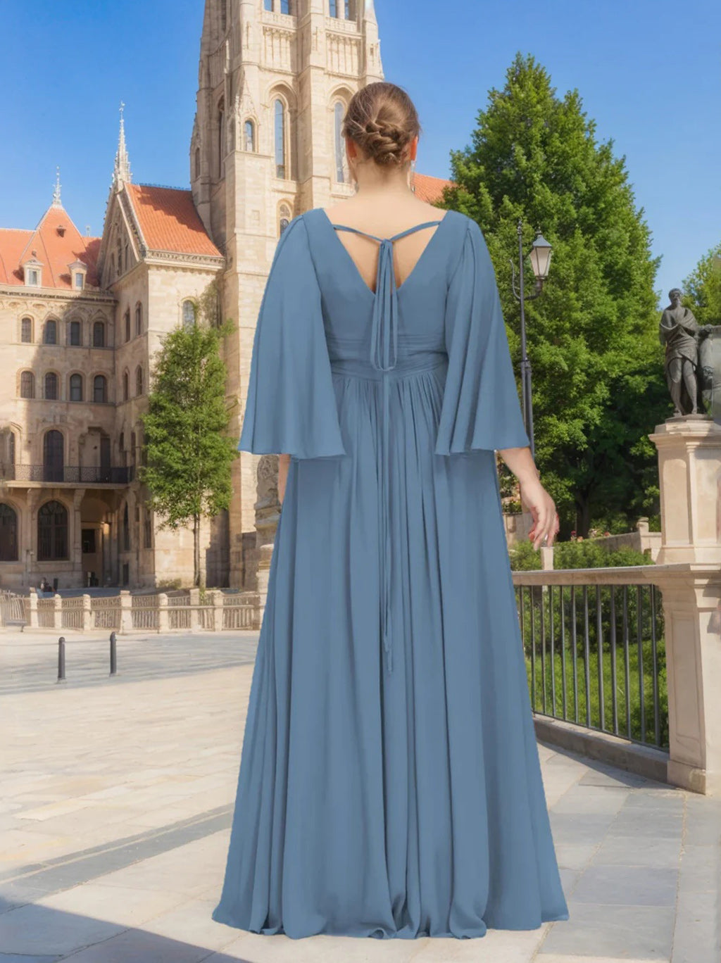 Princess A-Line Floor-Length Plus Size Bridesmaid Dress with Deep V-Neck, Long Sleeves, Side Split & Ruffles-BMbridal.UK